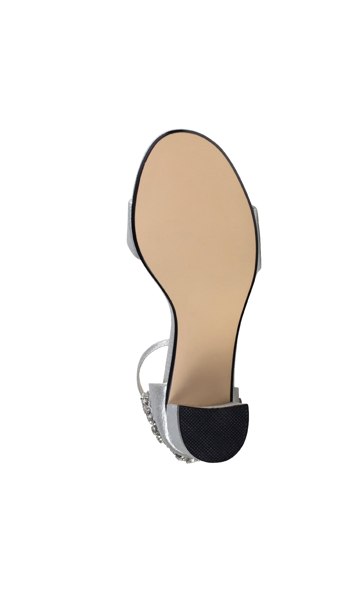The image displays the sole of the Olivia Silver Shimmer Prom Shoes: Touch Ups 4636, with a beige bottom and black textured heel tip—ideal for prom attire—set against a white background.
